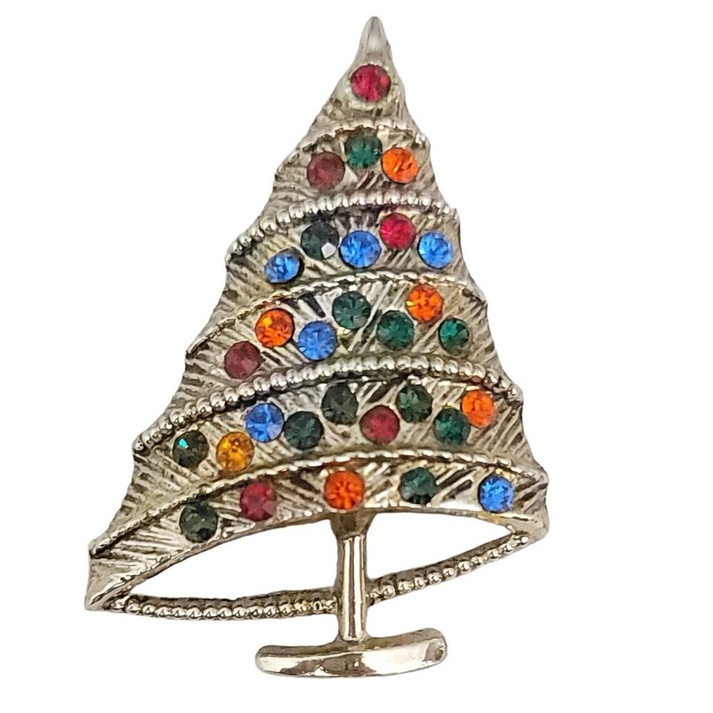 BJ Gold Tone Multicolor Rhinestone Christmas Tree Brooch Signed